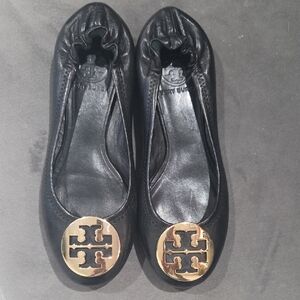 Tory Burch Black Flats with Gold Logo